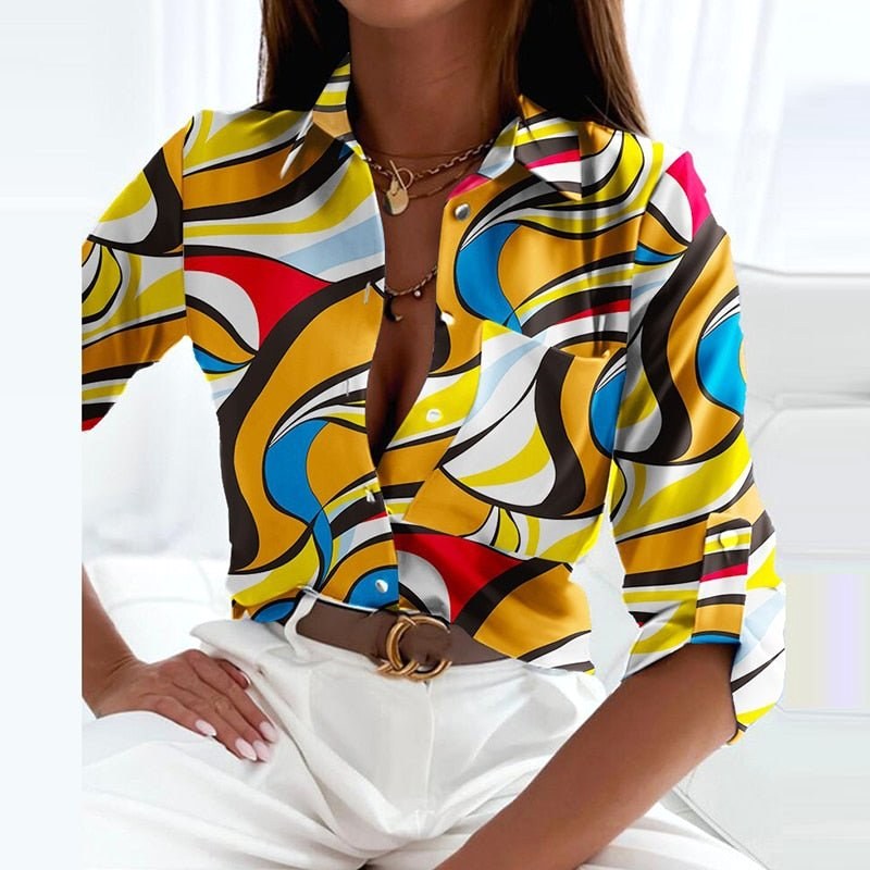 Tiffany | Women's Collared Printed Blouse, Classic Button-Up Top | Dressific