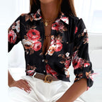 Tiffany | Women's Collared Printed Blouse, Classic Button-Up Top | Dressific | Red heart