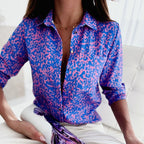 Tiffany | Women's Collared Printed Blouse, Classic Button-Up Top | Dressific | Purple red letters