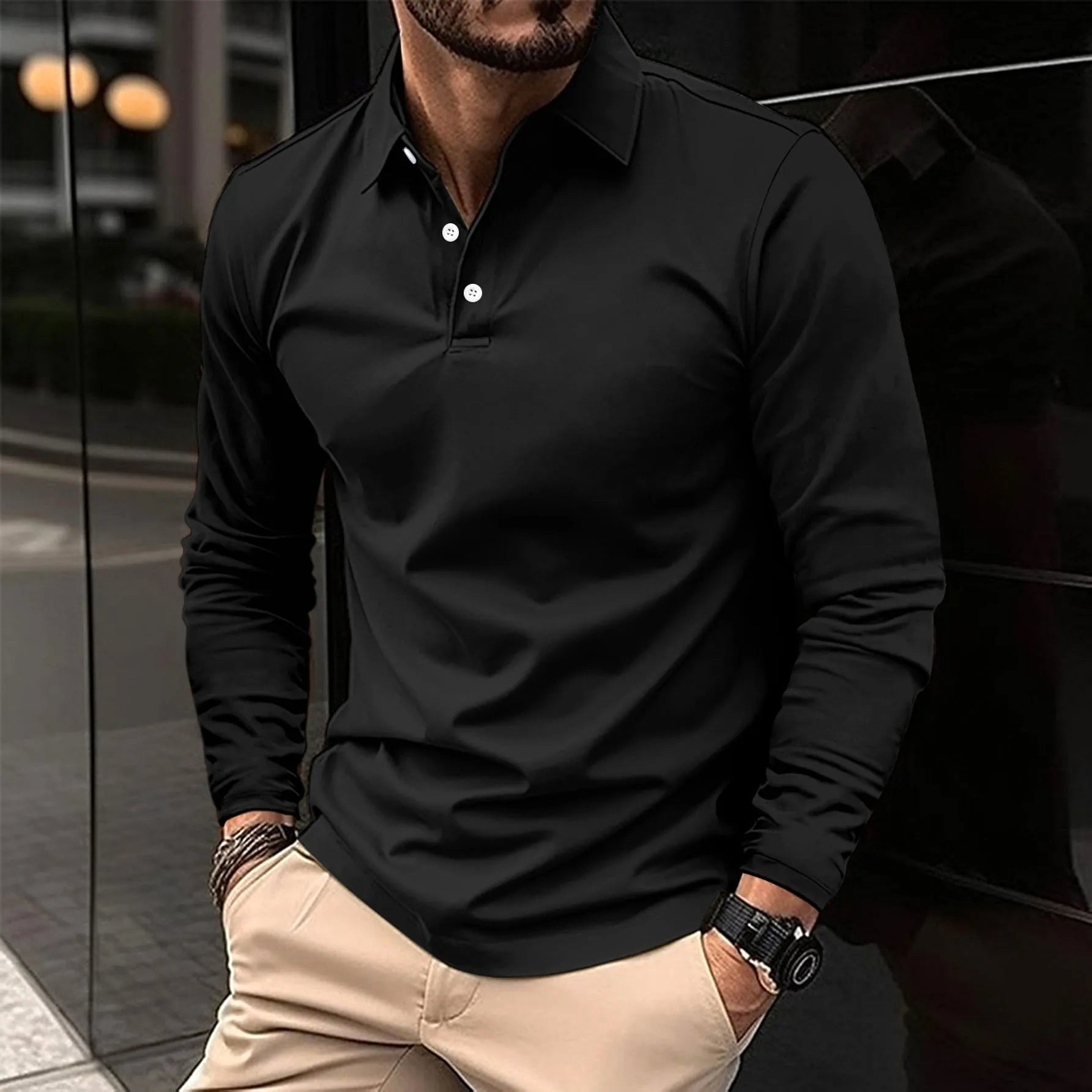 Toby | Men's Long-Sleeve Polo Shirt, Classic Button-Up Polo | Dressific