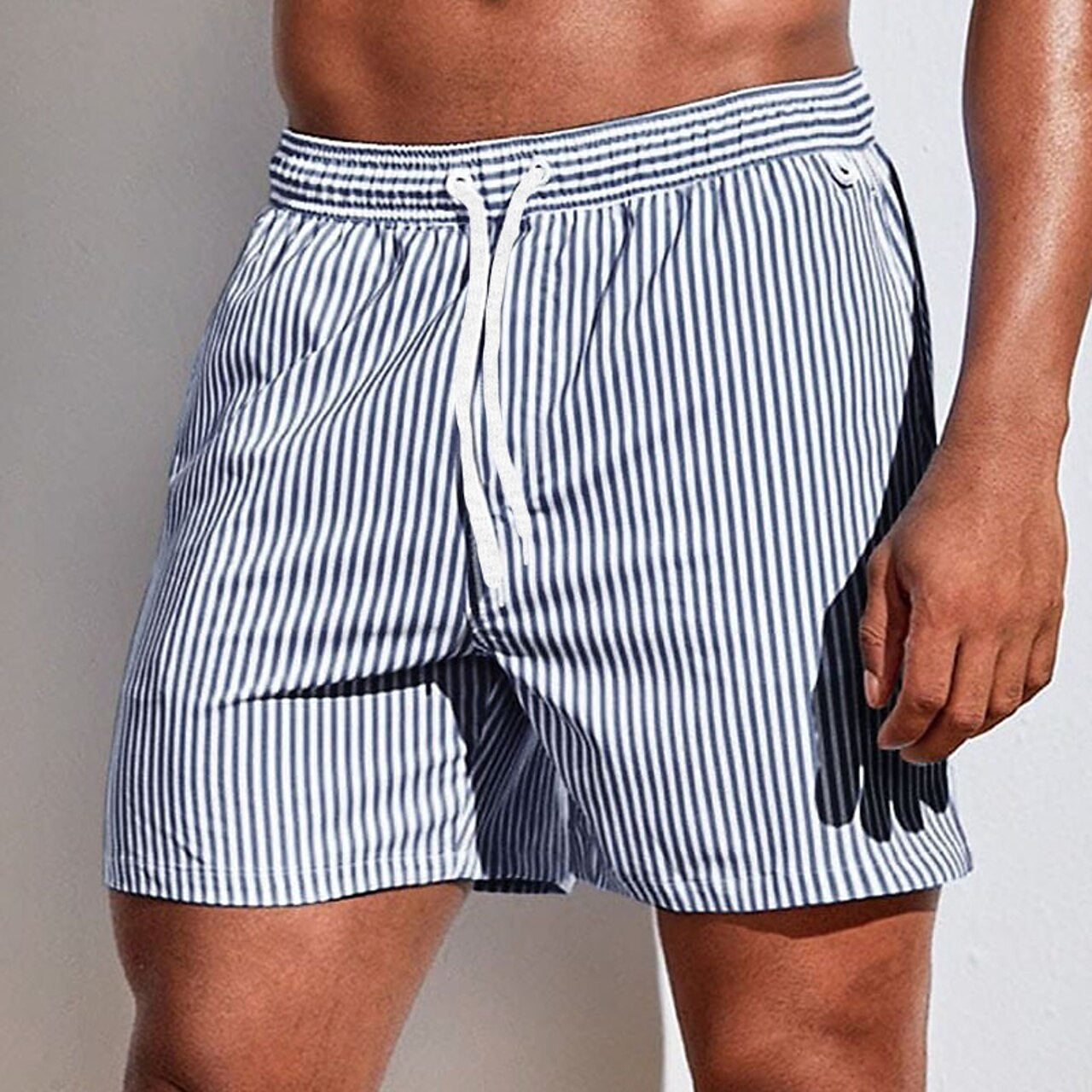 Troy | Men's Striped Swim Shorts with Drawstring, Beach Shorts | Dressific | Grijs