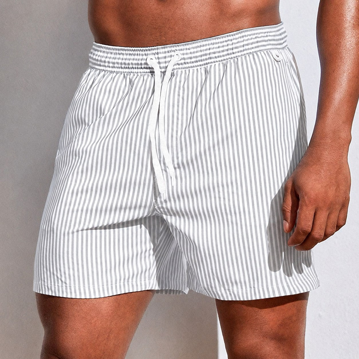 Troy | Men's Striped Swim Shorts with Drawstring, Beach Shorts | Dressific | Lichtgrijs
