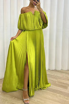 Valerie | Women's Off-Shoulder Pleated Maxi Dress, Flattering Summer Dress for Holidays and Everyday Wear, Flattering Summer Dress for Holidays and Everyday Wear - Yellow - Almost Sold Out