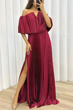 Valerie | Women's Off-Shoulder Pleated Maxi Dress, Flattering Summer Dress for Holidays and Everyday Wear, Flattering Summer Dress for Holidays and Everyday Wear - Black - Almost Sold Out