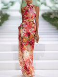 Vanessa | Women's Floral Halter Maxi Dress, Lightweight Summer Dress for Holidays and Resort Wear, Lightweight Summer Dress for Holidays and Resort Wear - Red