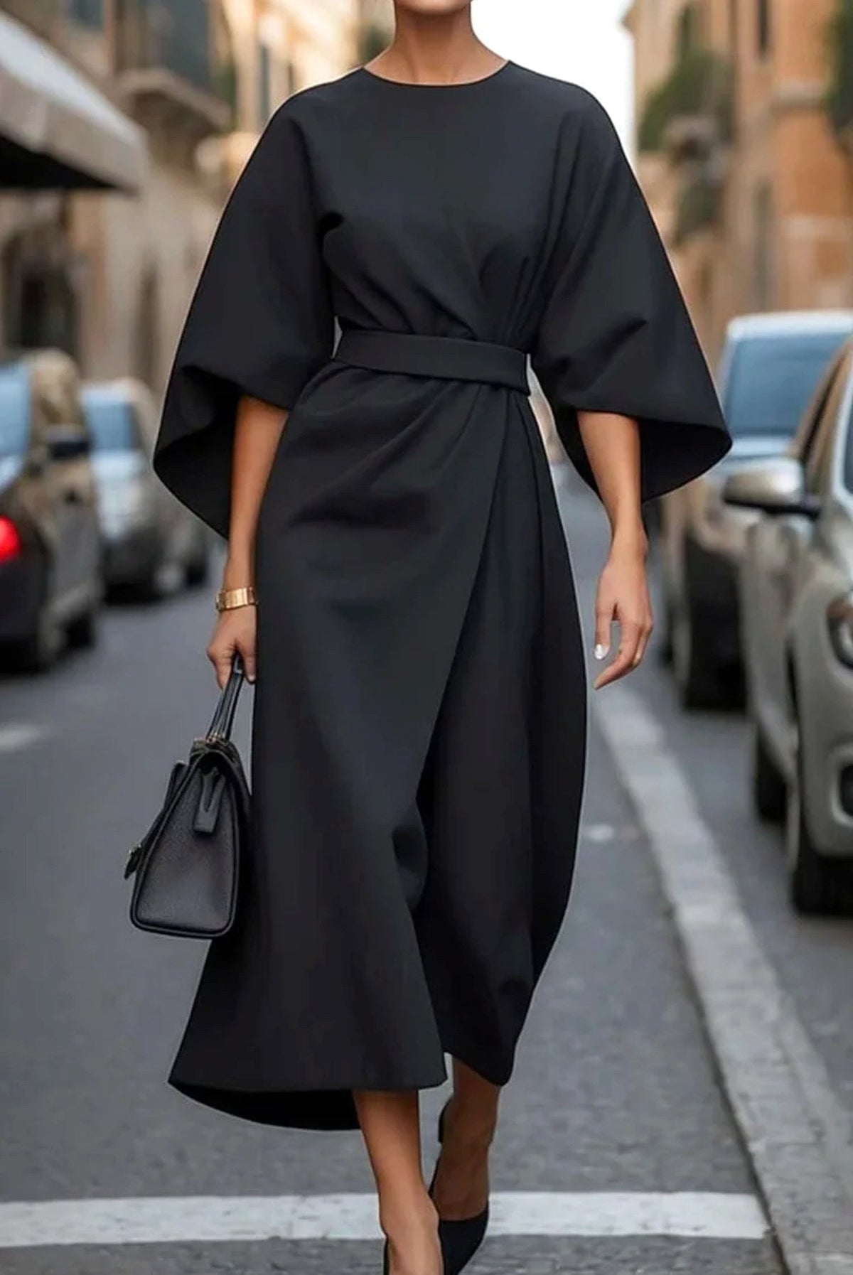 Wendy | Women's Elegant Midi Dress with Lantern Sleeves - Blue
