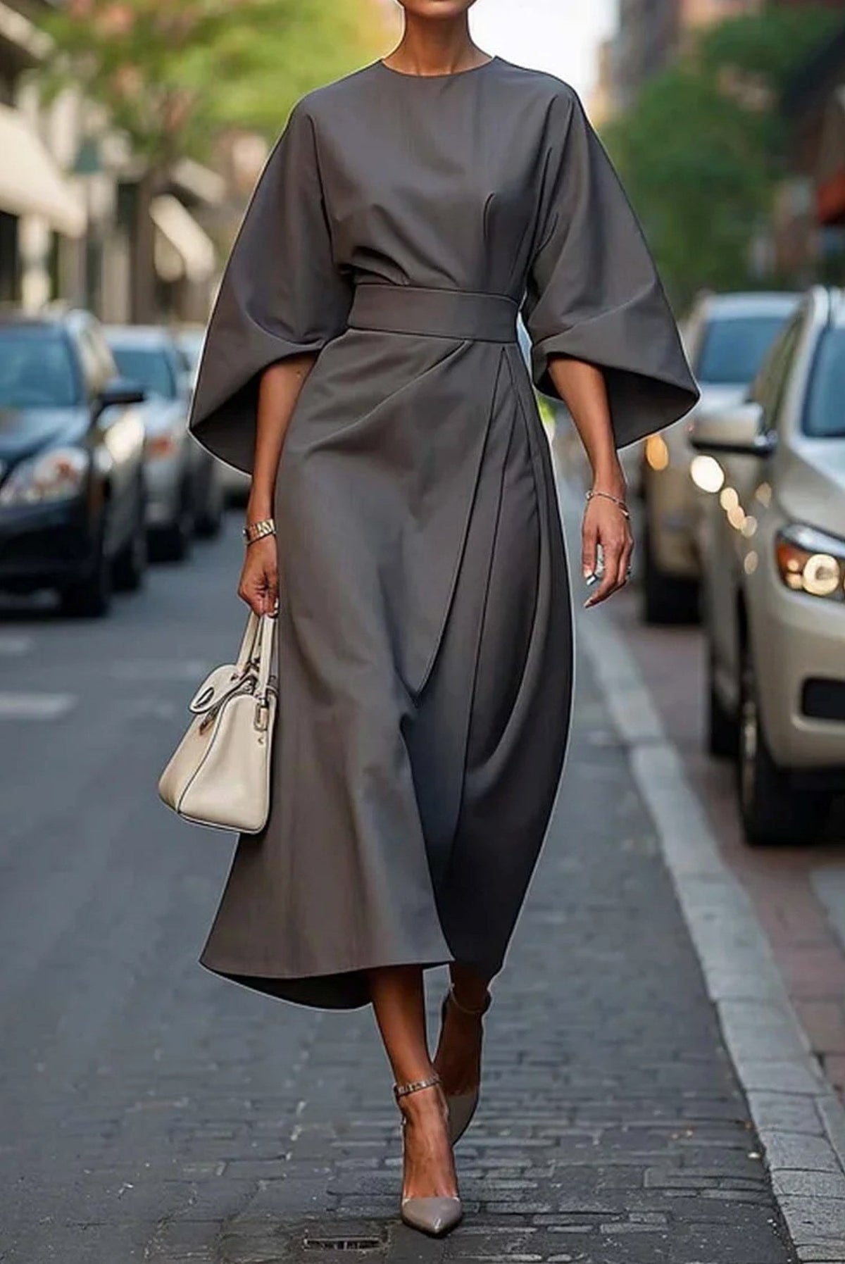 Wendy | Women's Elegant Midi Dress with Lantern Sleeves - Purple